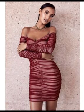House of CB "Fifi" Wine Red Ruched Tulle Bodycon Mini Dress - Small Excellent